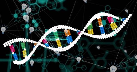 Rotating dna helix with neon base pairs linking network nodes, genomics visualization