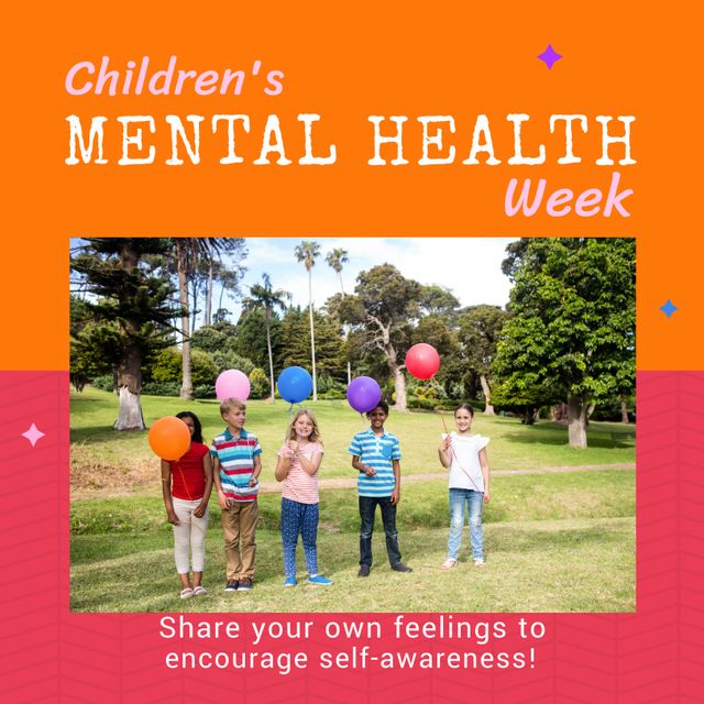 Composition of children's mental health week text and children playing in park. Children's mental health week, childhood and mental health awareness concept digitally generated image.