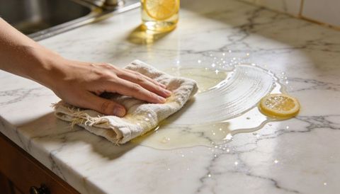 Hand wiping lemon juice spill on marble countertop with cloth rag, sparkling natural shine