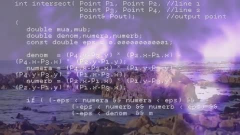 Digital Code Overlay on Rocky Coast with Purple Sky