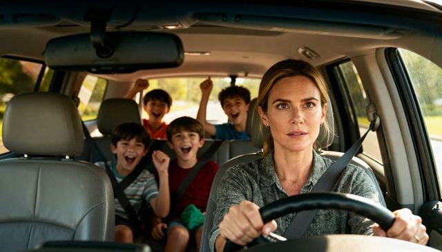 Focused mom driving suv with cheerful boys cheering during sunny family road trip