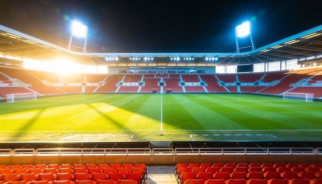 Basking empty stadium football pitch at dusk with floodlights, goalposts and red stands