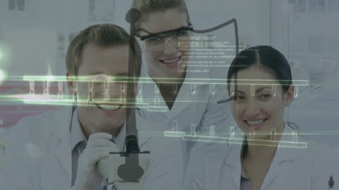 Diverse Scientists Analyzing DNA with Data Overlay