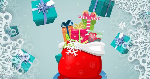 Colorful Gift Boxes Falling into Santa's Bag for Christmas