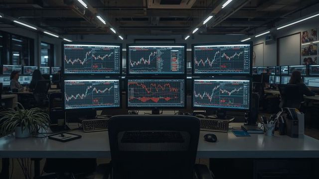 Advanced trading workstation with financial stock charts on trading floor