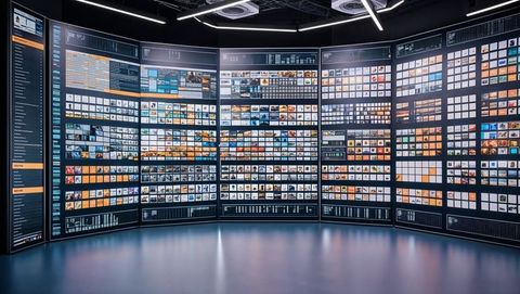 Curved led wall showcasing data and charts in modern control center