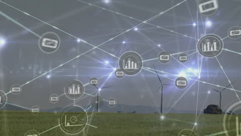 Network Connections Overlaying Wind Turbines in Field