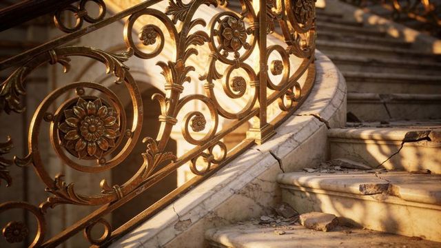 Gilded ornate banister casting warm light on cracked marble stairs showing elegant decay