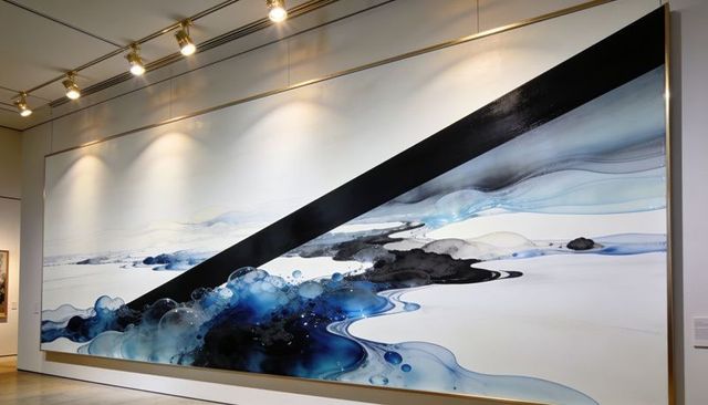 Contemporary abstract gallery painting featuring black diagonal band and blue fluid waves