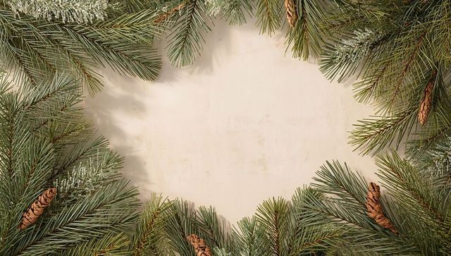 Rustic pine branch border framing pale beige center for holiday text and seasonal design