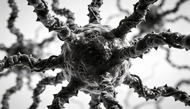 Macro microscopic thorned cell projecting spiny filaments and glossy nodules in monochrome