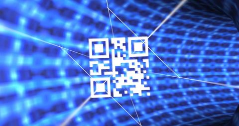 Digital qr code in futuristic neon data tunnel