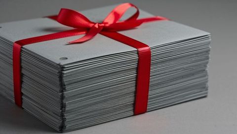 Stacked grey envelopes wrapped in red satin ribbon with bow on neutral tabletop