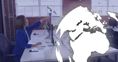Businesswoman interacting with digital world map overlay in open-plan office for analytics