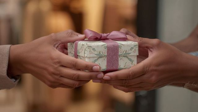 Adults exchanging small floral gift box with mauve ribbon, intimate cozy warm moment