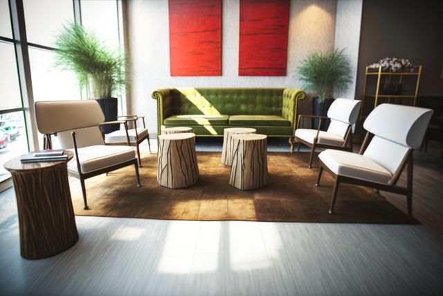 Office waiting room with modern furniture and window, created using generative ai technology. Business modern interiors concept digitally generated image.