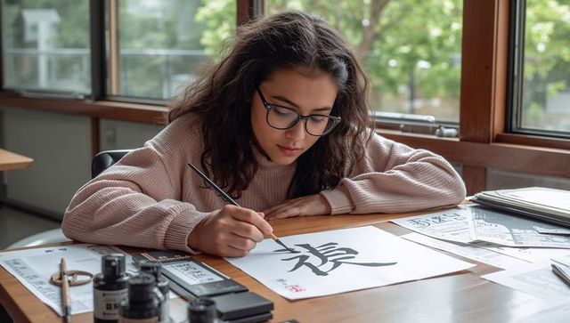 Young woman practicing japanese calligraphy with ink brush at sunlit wooden desk, focusing