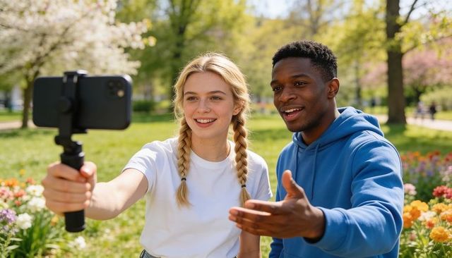 Friends recording smartphone vlog in sunny park with gimbal and colorful spring flowers