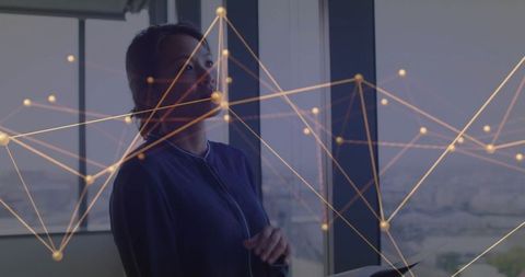 Professional Woman With Digital Network Visualization in Modern Office