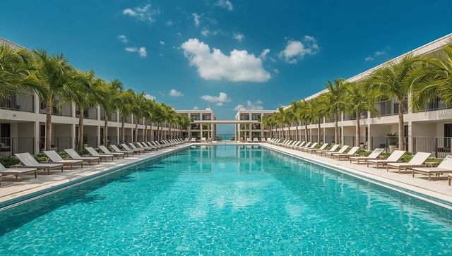 Sunlit palm-lined luxury resort pool with symmetrical courtyard and turquoise water