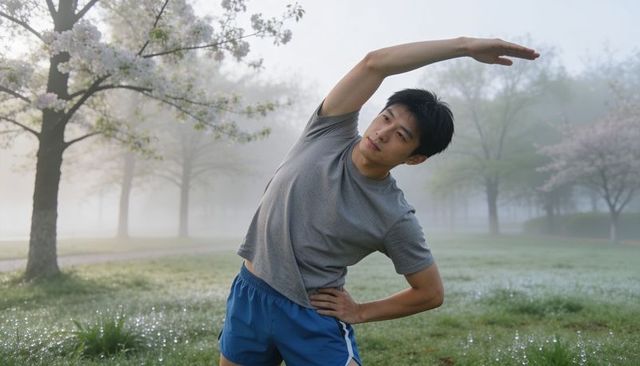 Morning park stretching asian man performing side bend exercise in misty blossom park