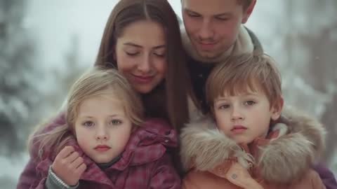 Family Embracing in Snowy Forest Showcasing Winter Warmth and Affection