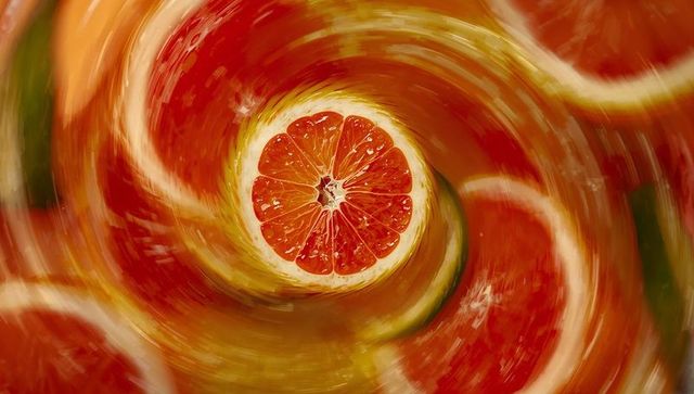 Spiraling Grapefruit Slice in Dynamic Motion Artistic Representation