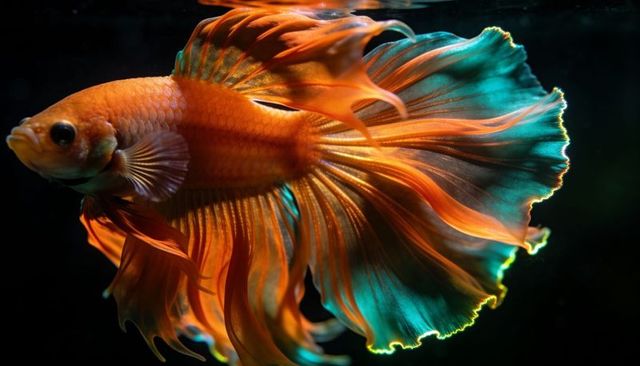 Orange betta fish with teal-edged flowing fins dramatic macro closeup for aquarium art