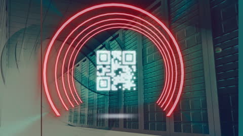 Neon QR Code with Digital Waves in Server Room