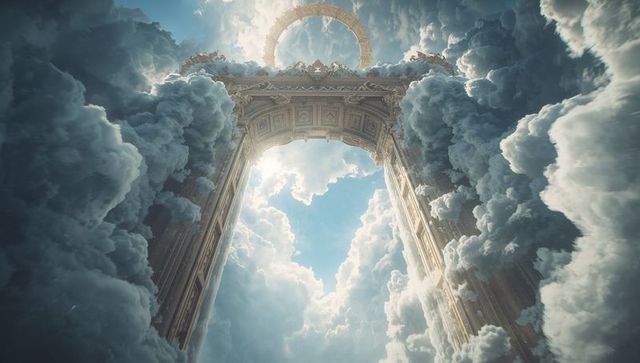 Ascending ornate arch through heavenly clouds with glowing gilded halo
