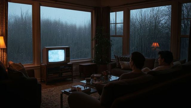 Two Men Watching Vintage Television in Rainy Living Room at Dusk