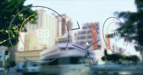 Futuristic Electric Car Dashboard Navigation Data Overlay