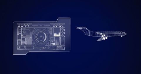 Futuristic Airplane Wireframe with Data Interface