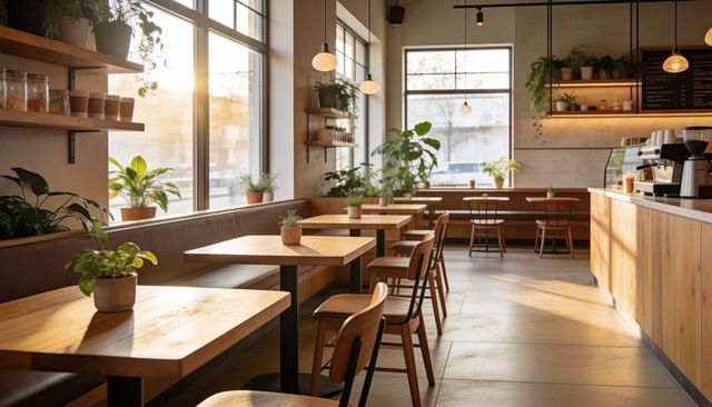 Sunlight bathing minimal wooden cafe interior featuring greenery and natural light