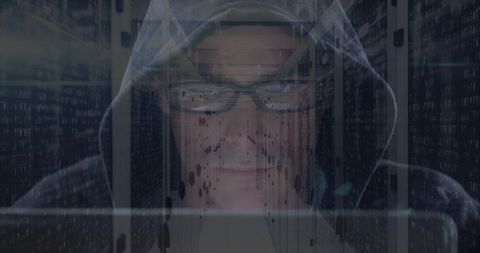 Hacker wearing hoodie typing in data center with code overlay, neon glitch and privacy theme