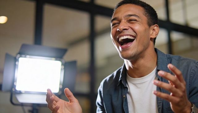 Laughing man gesturing under led studio light, closeup candid portrait for creative media