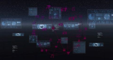 Floating holographic data dashboard with neon node network and telemetry gauges in space