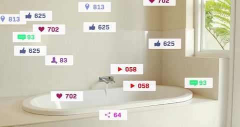 Social media notifications overlay in modern bathroom