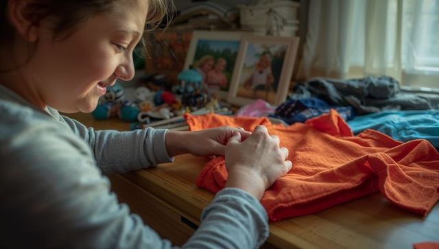 Young student mending orange shirt at bedroom desk during sewing lesson, natural light