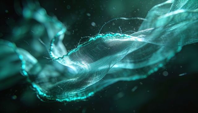 Teal digital mesh ribbon flowing with neon edges and floating particles