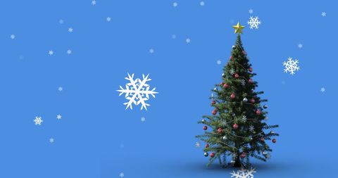 Festive Christmas Tree with Falling Snowflakes on Blue Background
