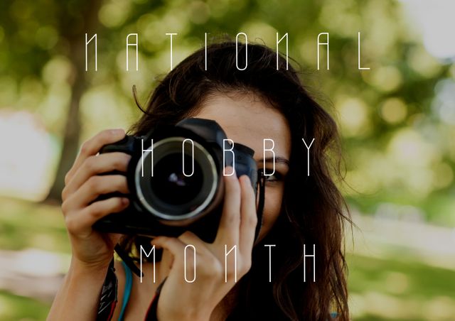 Digital composite image of national hobby month text over woman photographing with camera. skill and symbol.