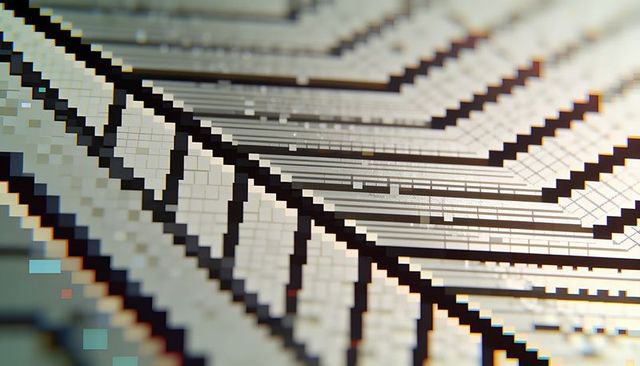 Pixelated zigzag grid with stepped tiles and diagonal lines, abstract geometric texture