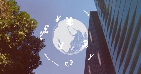 Floating wireframe globe orbiting currency symbols over skyscraper and tree canopy