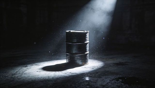 Rusty Metal Drum Standing in Spotlight, Dust Particles Floating in Beam