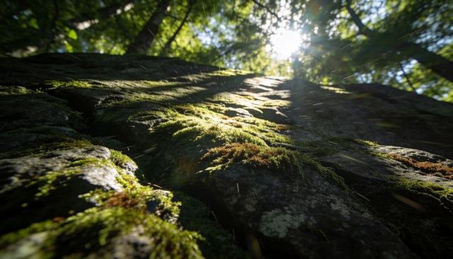 Sunlit moss-covered boulder with lichen and brown tufts, forest sunbeams highlighting texture