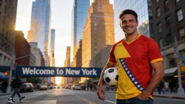 Smiling soccer fan wearing red-yellow jersey holding ball on new york street at sunset