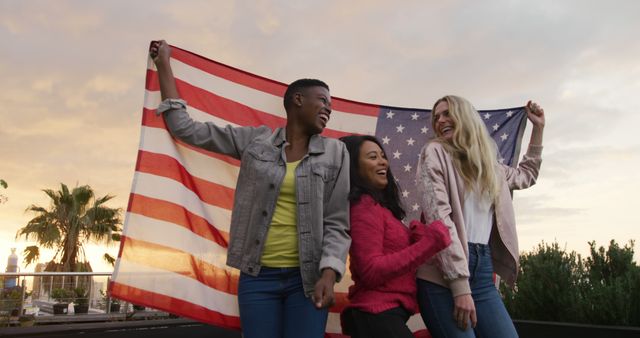 Group of Friends Celebrating with American Flag Outdoors at Sunset - Download Free Stock Images Pikwizard.com