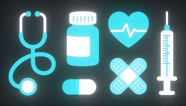 Neon turquoise medical icons on dark gradient background - stethoscope pill syringe heart