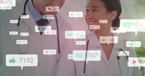 Diverse Doctors Engaging with Global Digital Data Interface